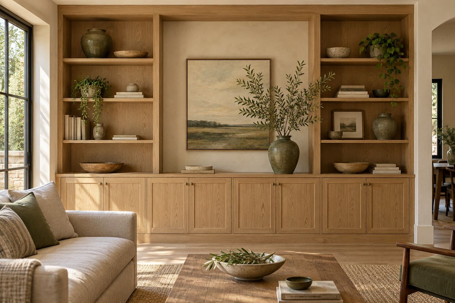 Modern wooden built-in shelving unit with cabinets displaying pottery, plants, and landscape artwork in warm-toned living room
