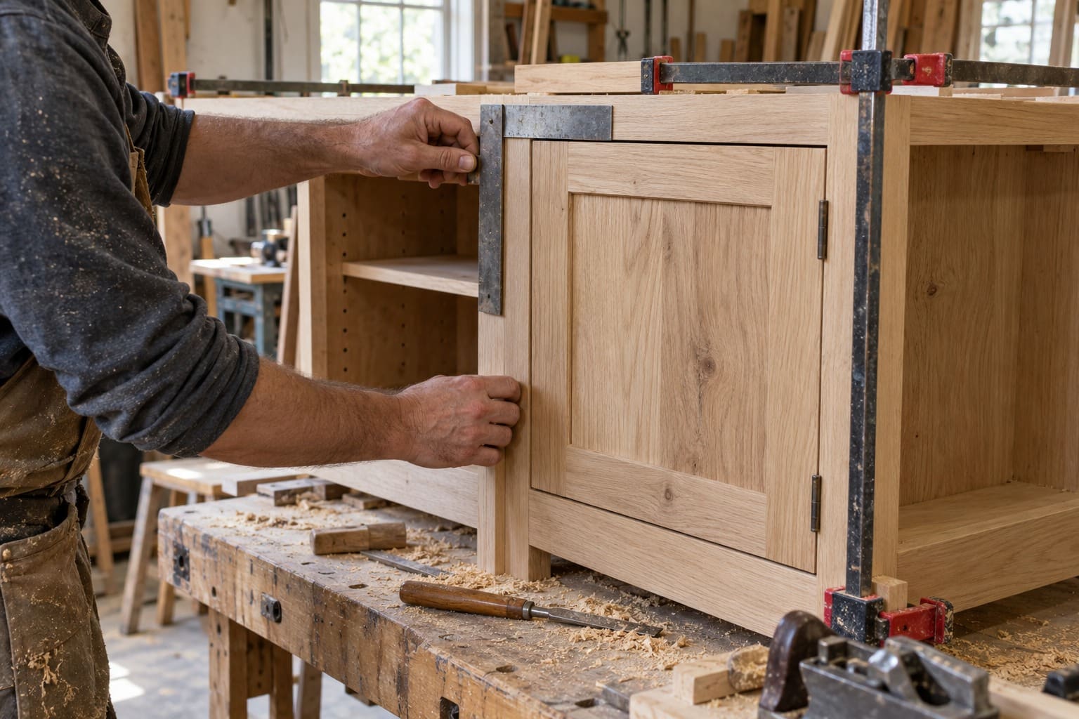 Woodworker adjusting clamps on unfinished wooden cabinet door in workshop
