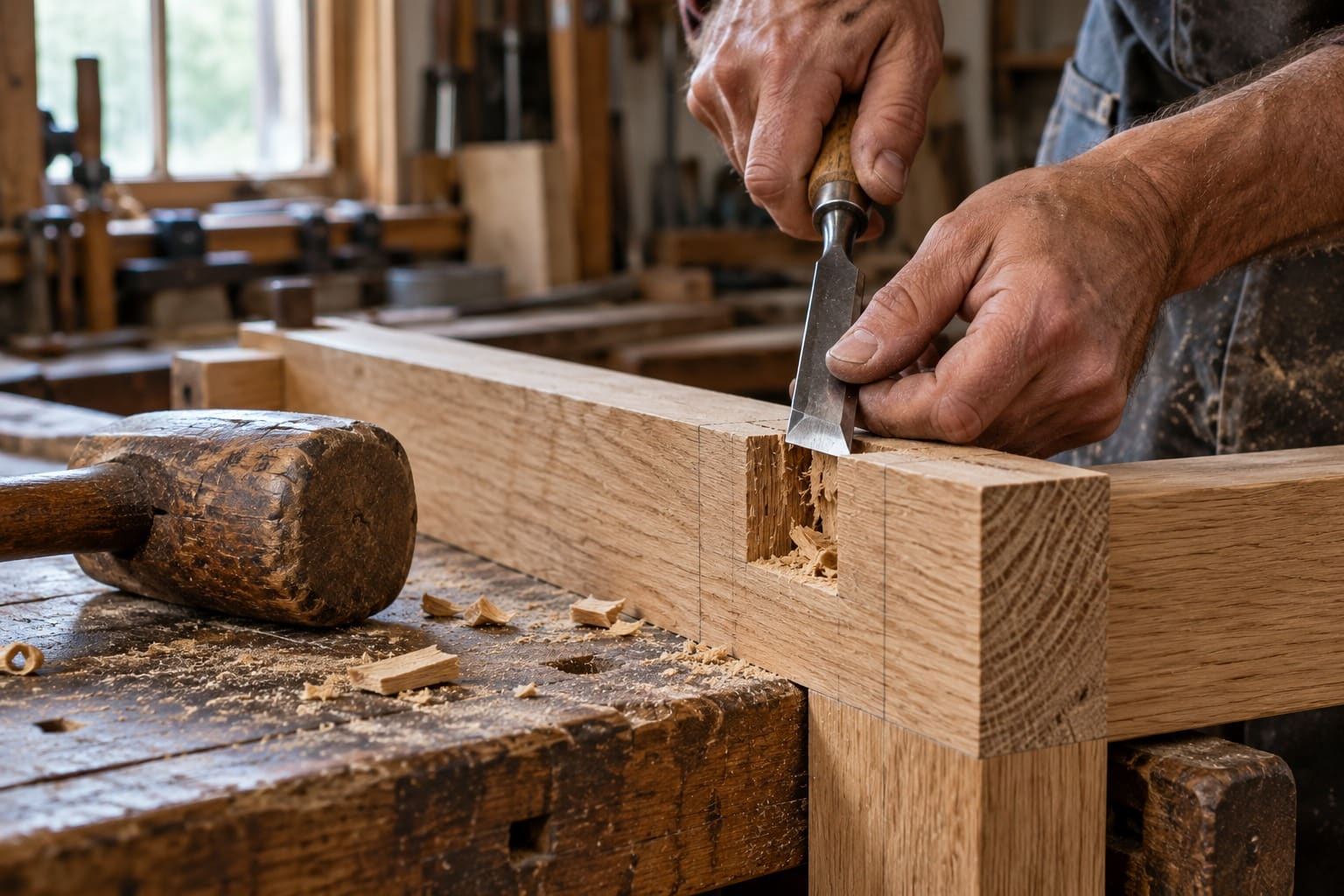Woodworker using chisel to carve joint in wooden beam in workshop