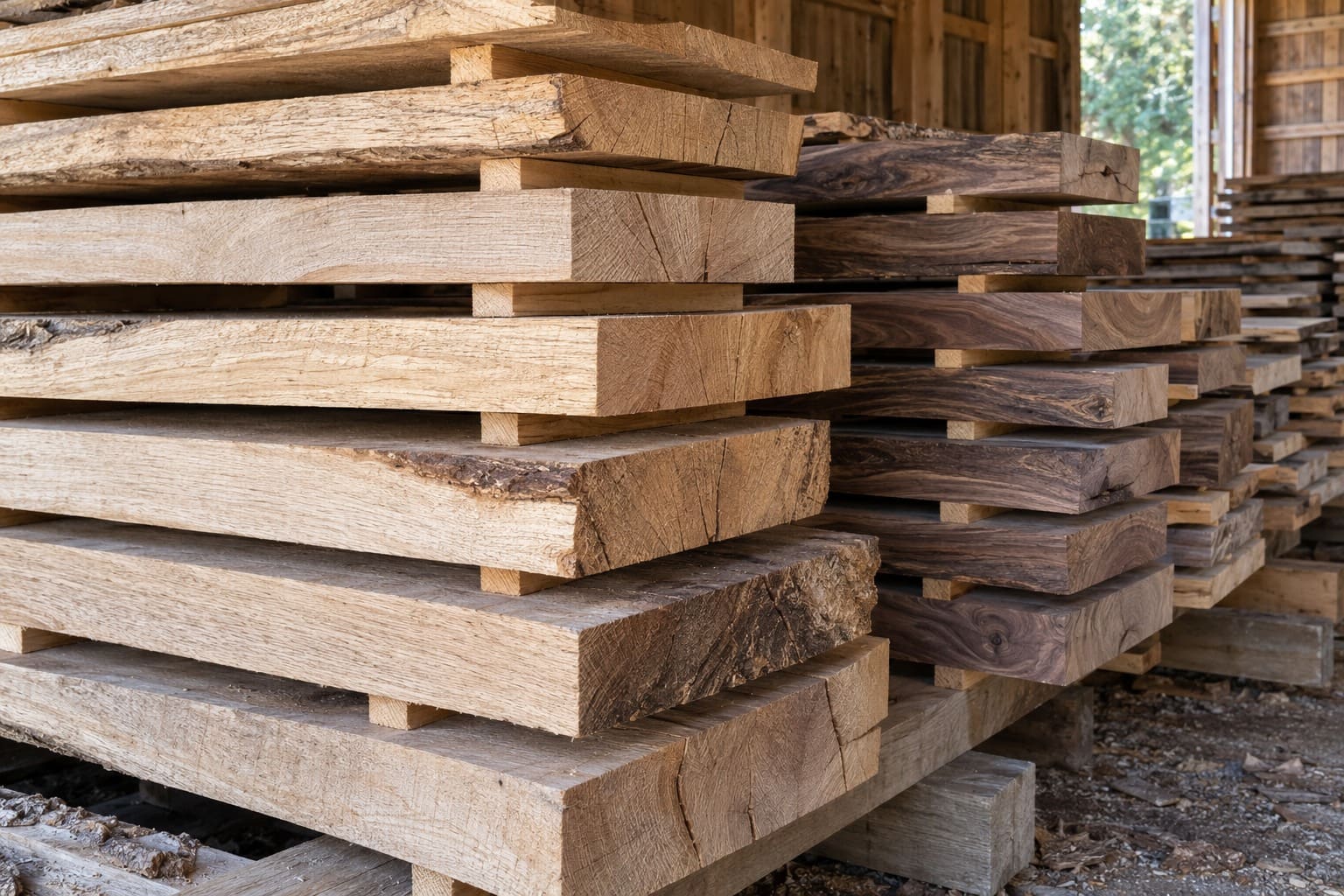 Stacked wooden lumber boards in varying wood types and colors stored on supports in a workshop