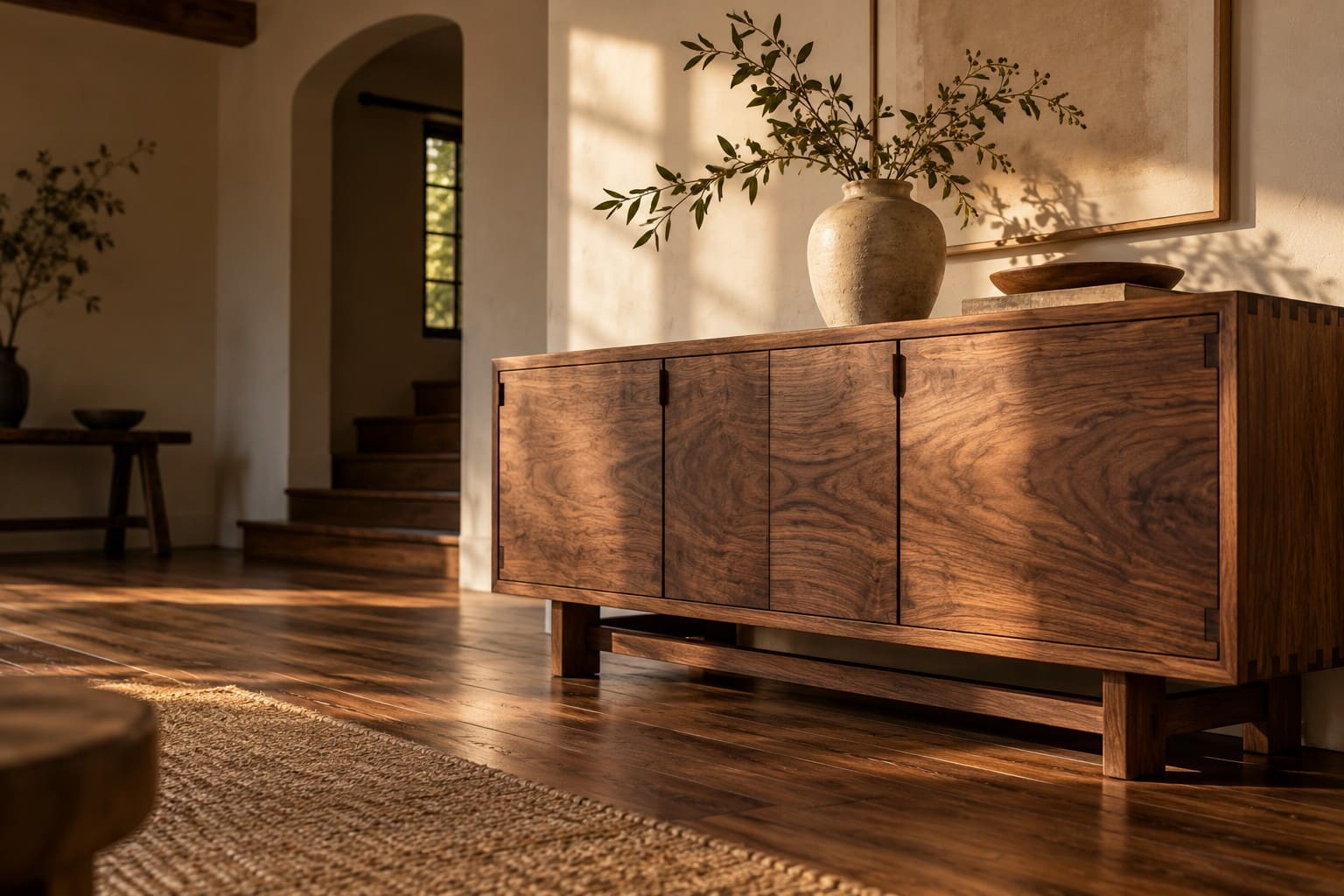 Wooden mid-century modern sideboard with dried branches in ceramic vase in minimalist interior