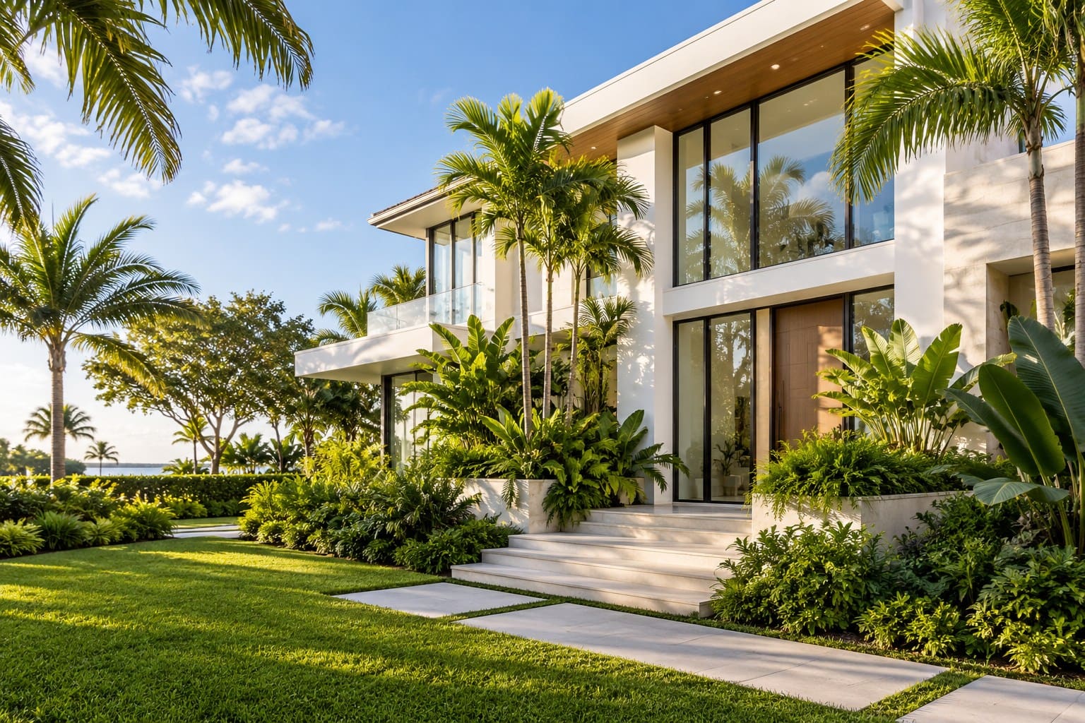 Modern white house with large windows, palm trees, and manicured lawn overlooking ocean