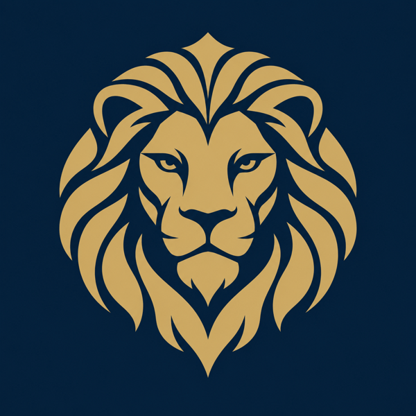 Gold lion head logo with flowing mane on dark blue background
