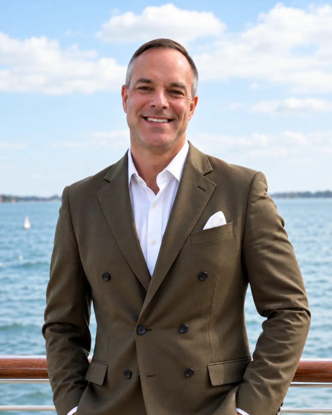 Man in olive double-breasted blazer smiling on ship deck with ocean background